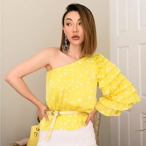 Jessica Wang The Drop Collection Yellow White Polka Dot One Sleeve Top Blouse S
